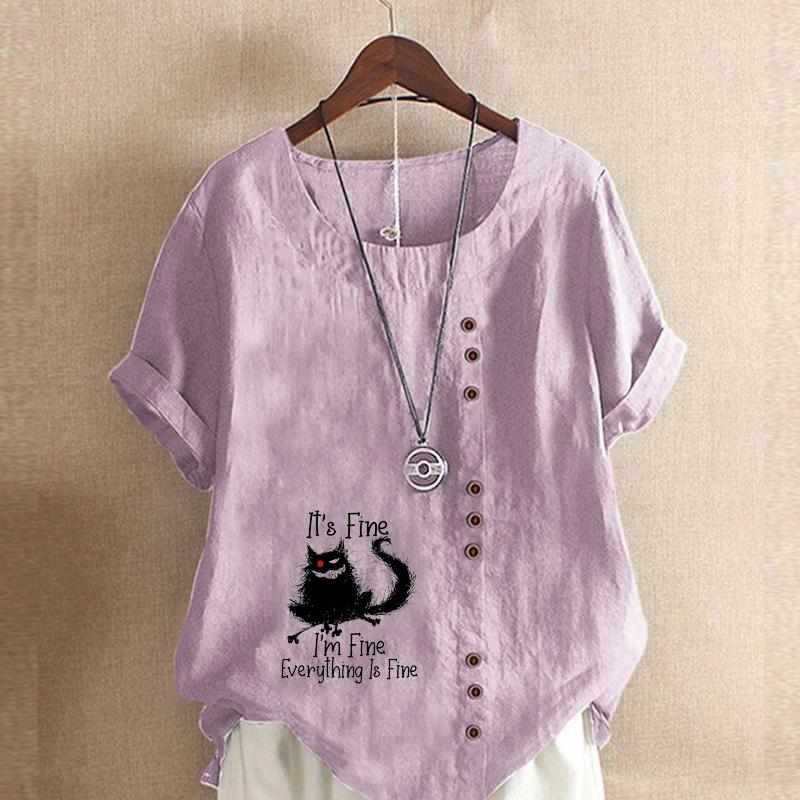 Women's Fashion Black Cat Prined Short Sleeve T-shirt Loose Cotton Shirt Casual Loose Summer Blouse Tops Plus Size