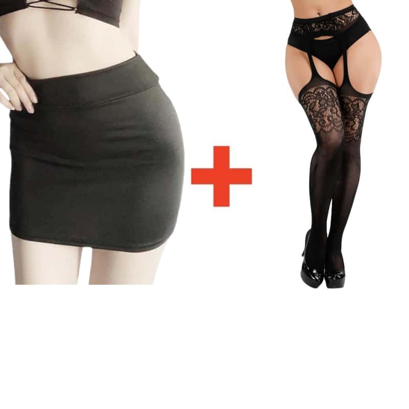 2PCS/SET Women High Waist Pencil Mini Skirts+Stockings Dress Set,Sexy Casual Wrap Hips Black Short Skirt and Pantyhose
