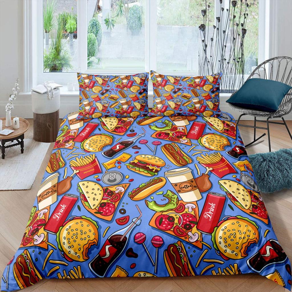 Comforter American Fast Food Pizza Dog Hamburger Print Bedding French Fries Cartoon Style For Kids Boys Soft