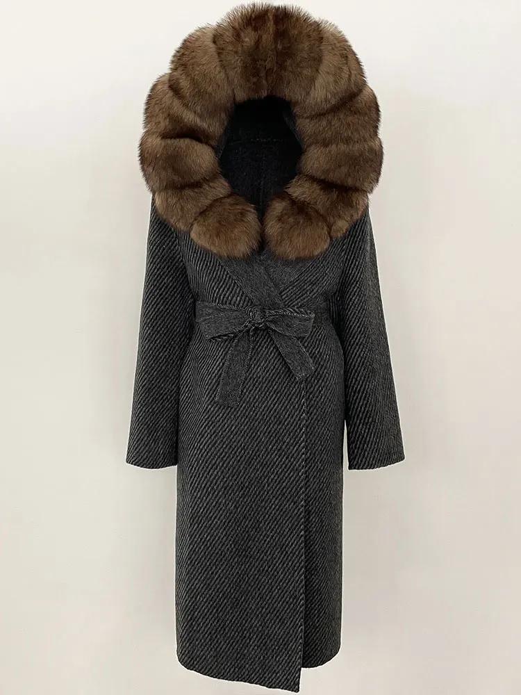 OFTBUY Winter Women Coat Real Natural Fox Fur Hooded Detachable Collar Double-faced Woolen Jacket Long Casual Elegant Overwears