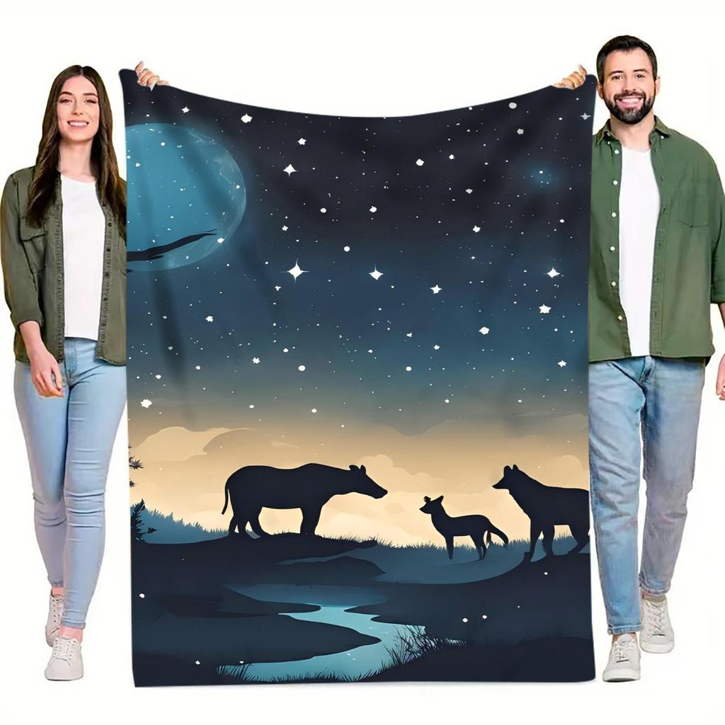 1pc Animals Under the Night Sky Digital Printed Design Blanket - Soft Flannel All-Season Throw with Moon, Stars & Silhouette