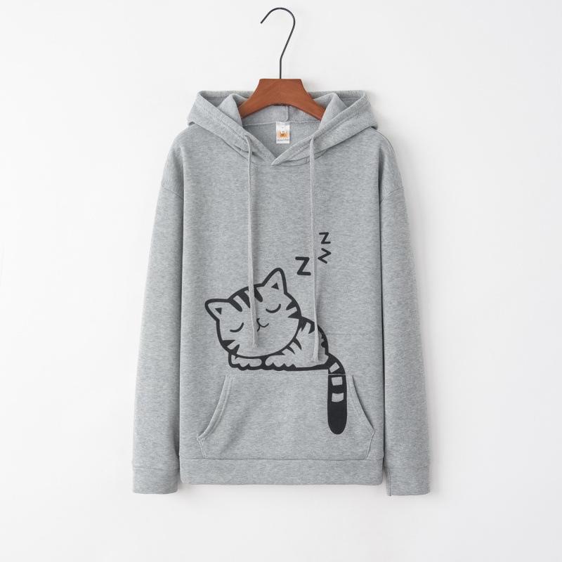 Women's Cat Print Fleece Hoodie - Spring/Autumn Collection