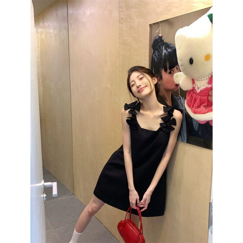 Kumikumi Sweet Style Three-Dimensional Flower Sling Dress Women Summer Temperament Black Slimming A- Line Skirt Short Dress