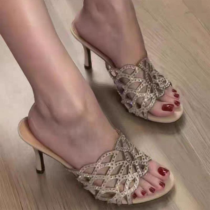 Fashion High Heels Women Slippers Elegant Stilettos Shoes Sexy Pumps Crystal Heeled Shoes Woman 2025 Summer Luxury Zapatillas De Mujer