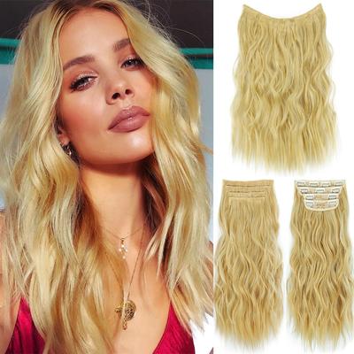 Light Blonde Women Long Wavy Hair Extensions Synthetic Fiber Natural Wavy Daily Wear Invisible Blonde Hairpiece