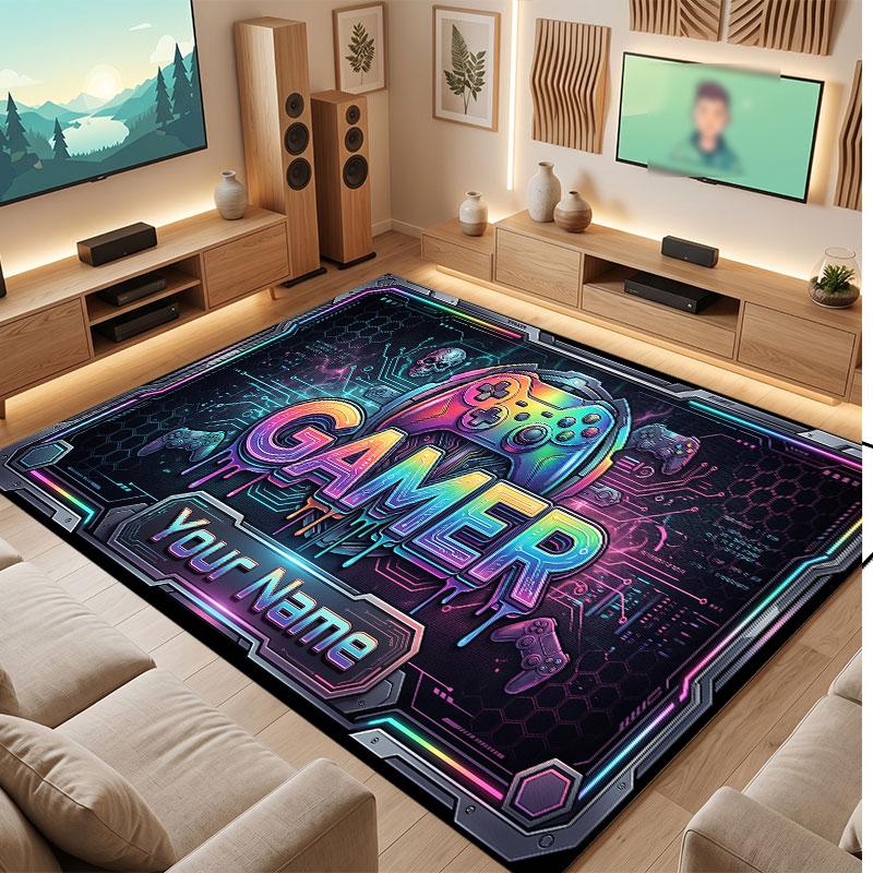 City Cyberpunk Theme Crystal Velvet Floor Rug Personalized Custom Name Text Warm Carpet Home Decoration