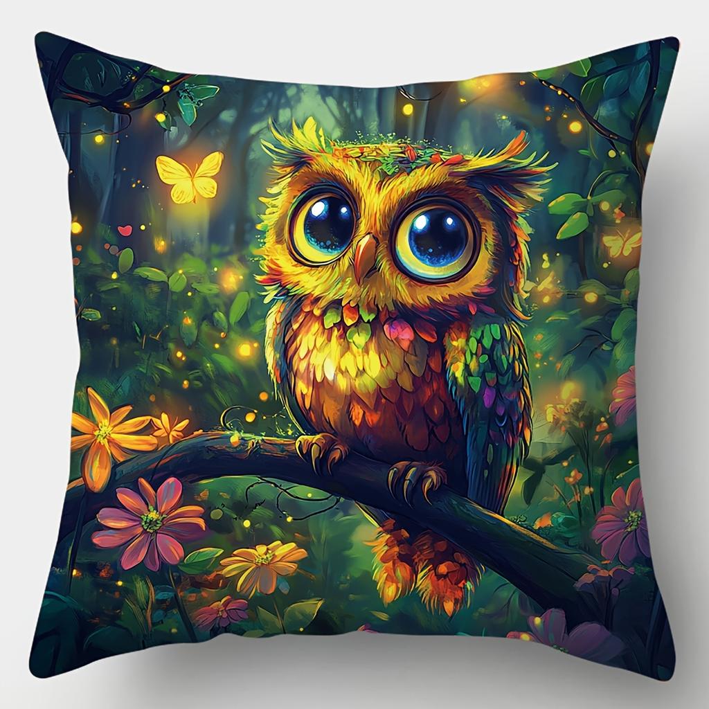 4PCS Pillow Case Set: Perch Design, Multicolor  with Floral & Forest Sunset Background. For Daily Party, Bedroom Decor