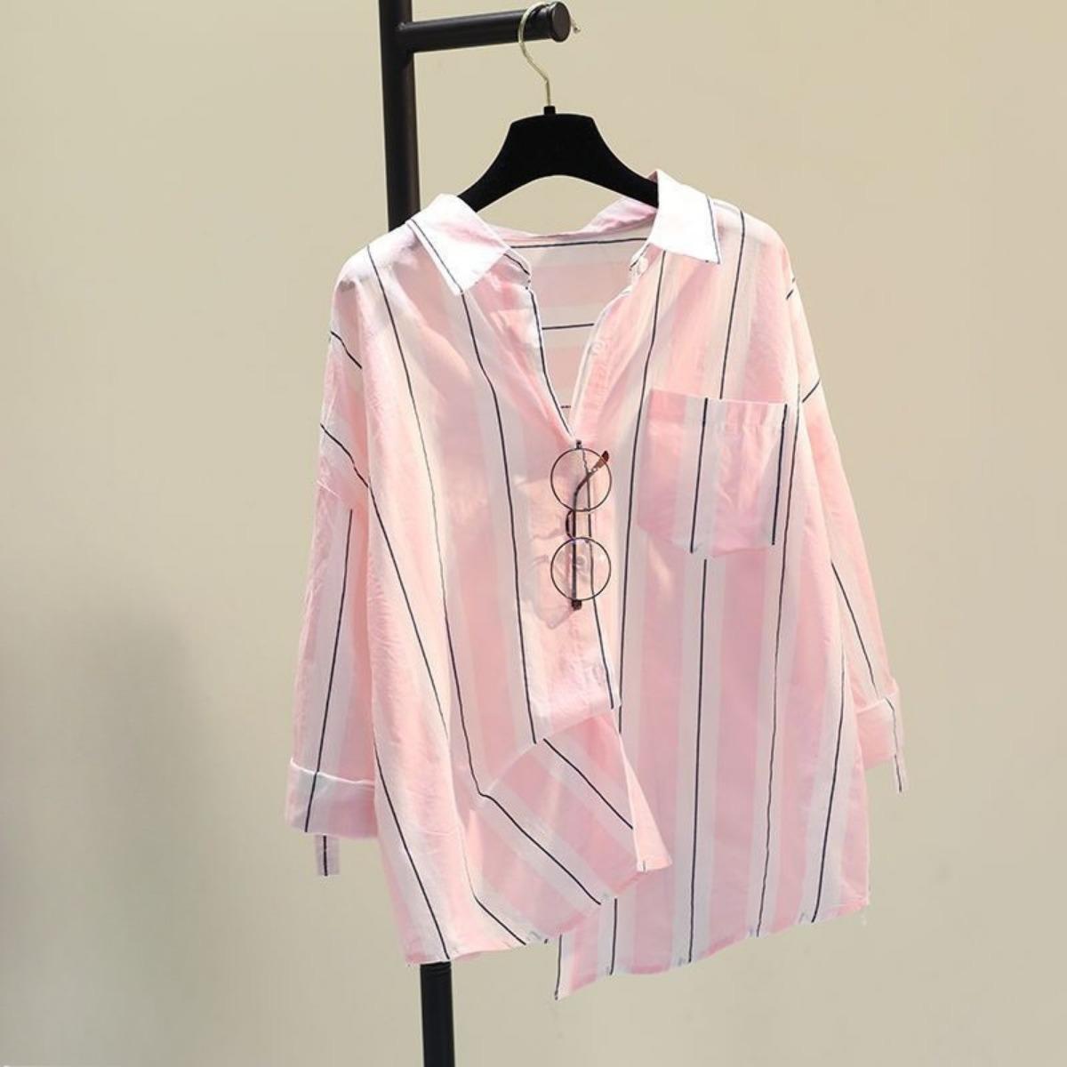 Women s Turn Down Collar Long Sleeve Striped Cotton Loose Casual Button Down Shirt M