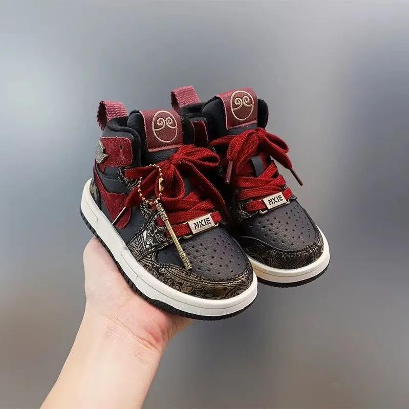 Boys' Winter 2025 Sun Wukong Black High-Top Fleece-Lined Cotton Shoes for Girls—Warm and Stylish Sports Shoes.