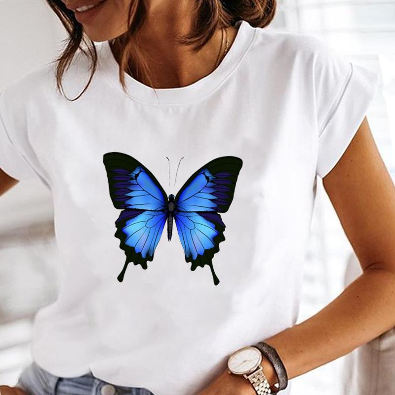 (European Size) Women Tee Top Cute Butterfly Clothing Fashion T-shirt Casual Short Sleeve Print Lady Female Graphic T-shirt