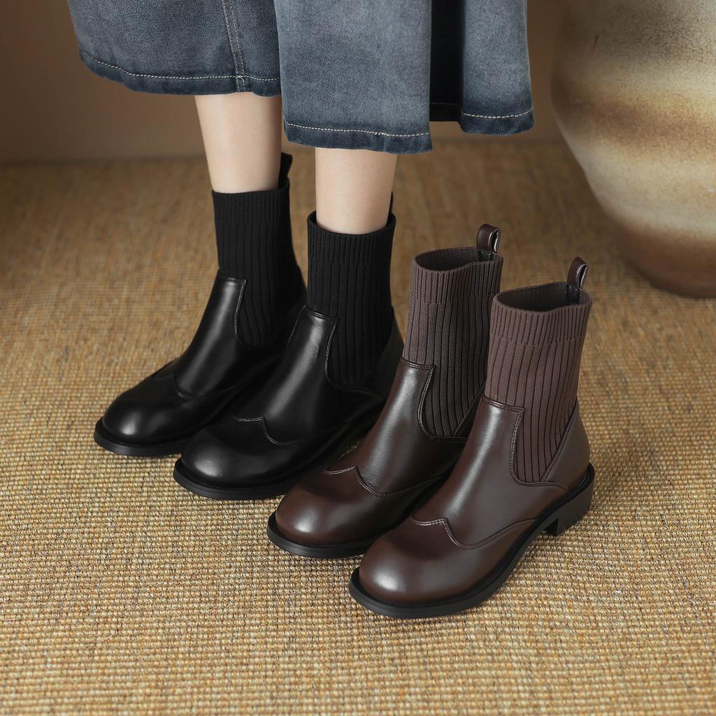 Krazing Pot Microfiber Autumn Winter Shoes Thick Med Heels Size 43 Chelsea Boots Back Knitwear Stretch Ankle Boots