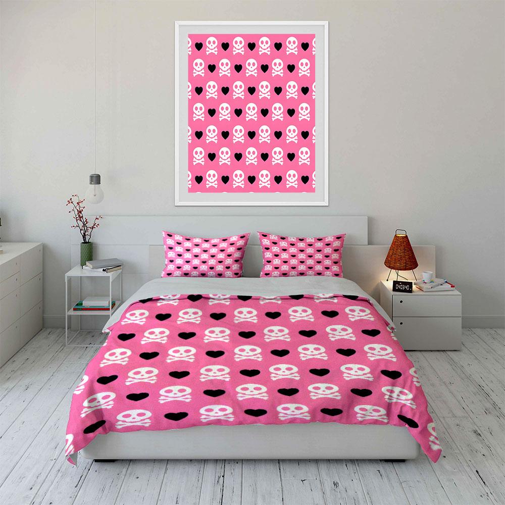 Pink Skull and Heart Bedding Set Bedding Duvet Cover Set Duvet Cover Pillowcases (1 * Duvet Cover 2 * Pillowcases, without duvet insert)