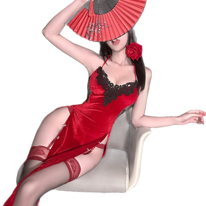 Sexy Underwear Human Cinnabar Mole Deep Velvet Nightdress Sexy Pure Desire High Split Ends Show Buttocks Free of Low Chest Y