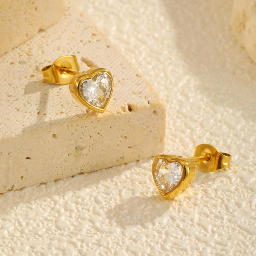 Light Luxury White Zircon Heart-shaped Stud Earrings for Women,Gold Color Stainless Steel Earrings,Trendy Jewelry Gift