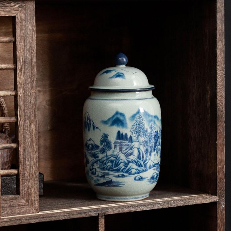 Blue and White Porcelain Storage Jar Classical Tea Box Landscape General Jar with Lid Creative Nut Food Storage Bottle Container