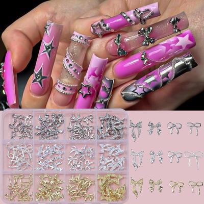 96/120Pcs 3D Gold Bow Butterfly Nail Metal Charms Shiny Bowtie/Diamond Star Diy Nail Decor Accessories Luxury Nail Art Supplies