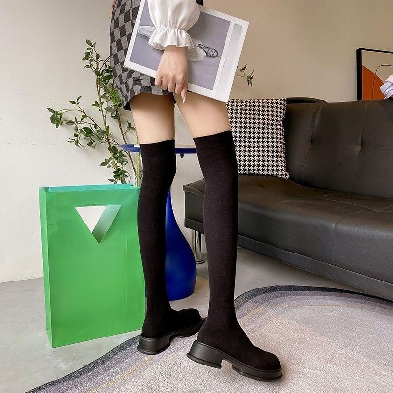 Fashion Black Knitted Elastic Sock Above Over The Knee Shoes Woman Autumn Winter 2025 New Round Toe Platform Thigh High Boots for Women