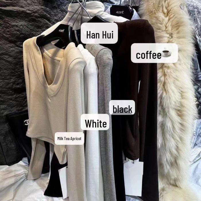 Women s Sexy V-neck Fleece Lined Long Sleeve Slim Shirt Black