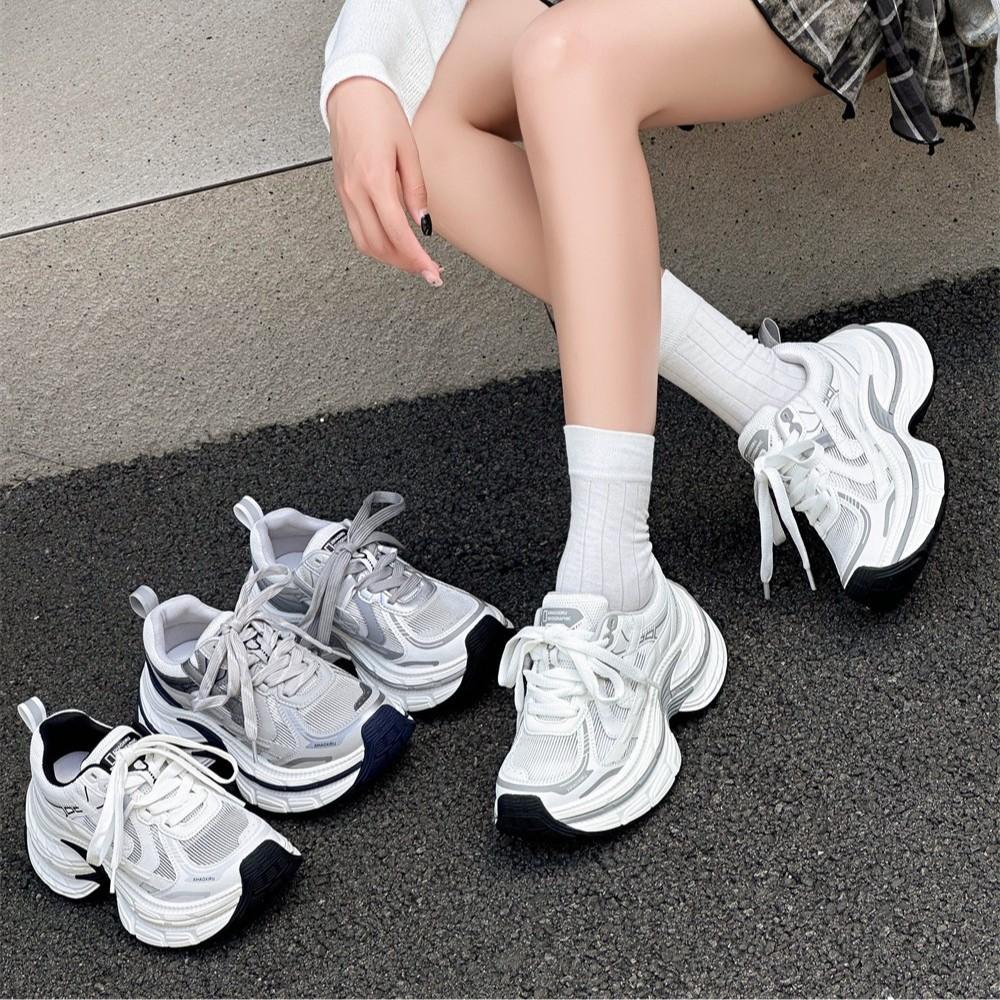 Thick-soled Paris Daddy Shoes Women's 2025 Summer New Leather Mesh Small Man Height Increase Breathable Mesh Casual Sports Shoes