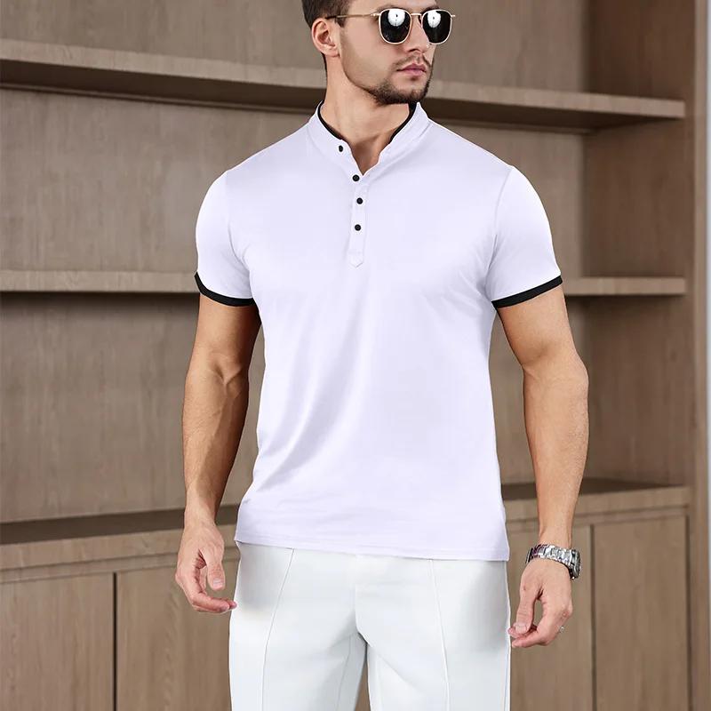 Men's Casual Fashion Solid Color Short Sleeve Stand up Collar T-shirt 2026 Summer Versatile Comfortable Top