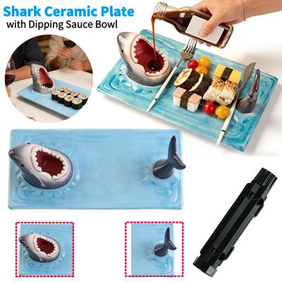 Handgefertigte Keramik-Haifisch-Sushi-Teller mit Dip-Schale, Knödelplatte, Mahlzeit, Küchen-Deko, Sushi-Form, Geschenke für Haifischparty-Liebhaber