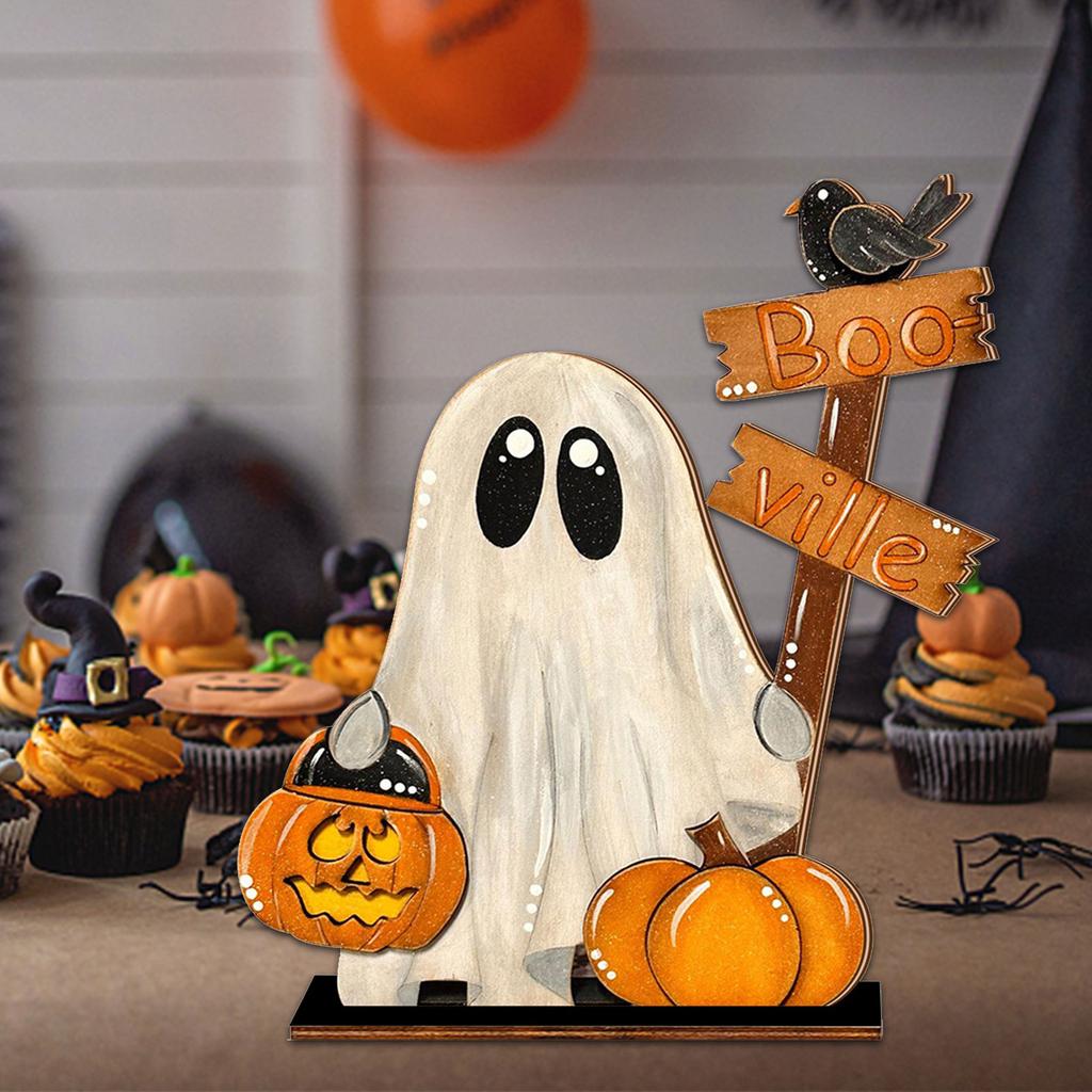 Halloween Decoration Wooden Pumpkin Ghostly Ornament Tabletop Wood Sign For Mantels Desk Shelf Holiday Party