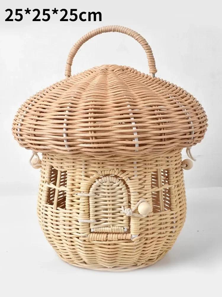 Cute Rattan Basket Hand Woven Mushroom Baskets Bag Beach Straw Storage Bags for Kids Organizer Box Summer Vacation Picnic Basket