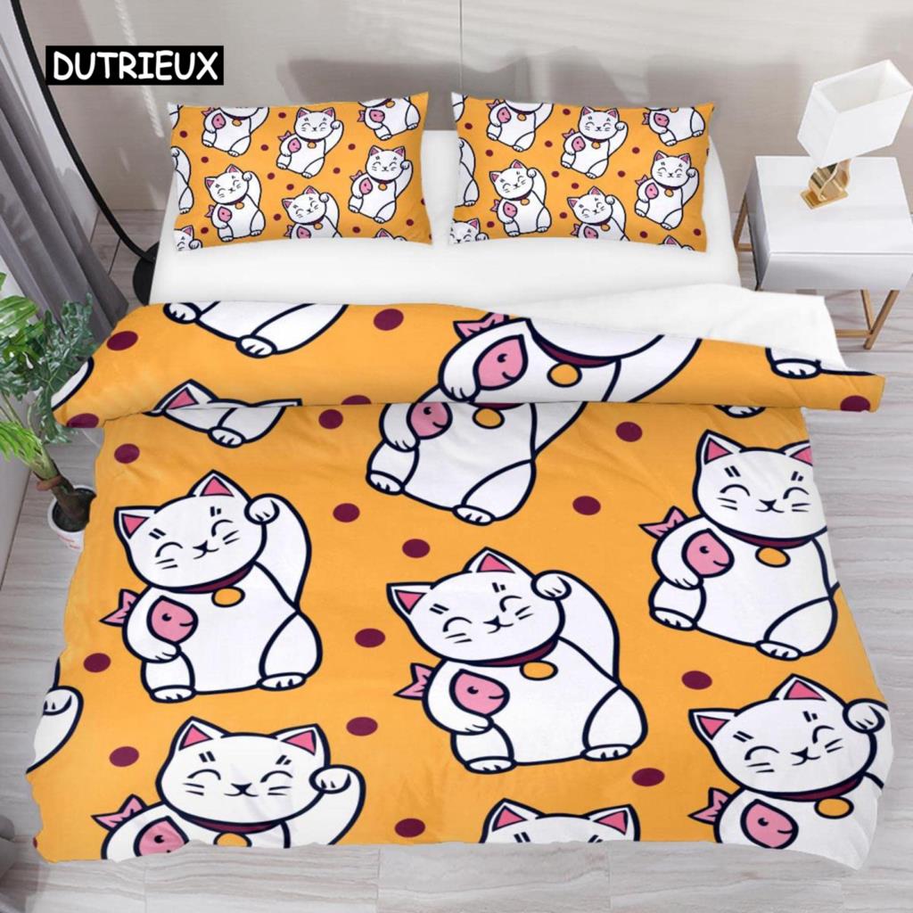 Japanese Lucky Cat Duvet Cover Set Kawaii Cats Bedding Set for Kids Boys Girls Exotic Style Black White Kitten Comforter Cover