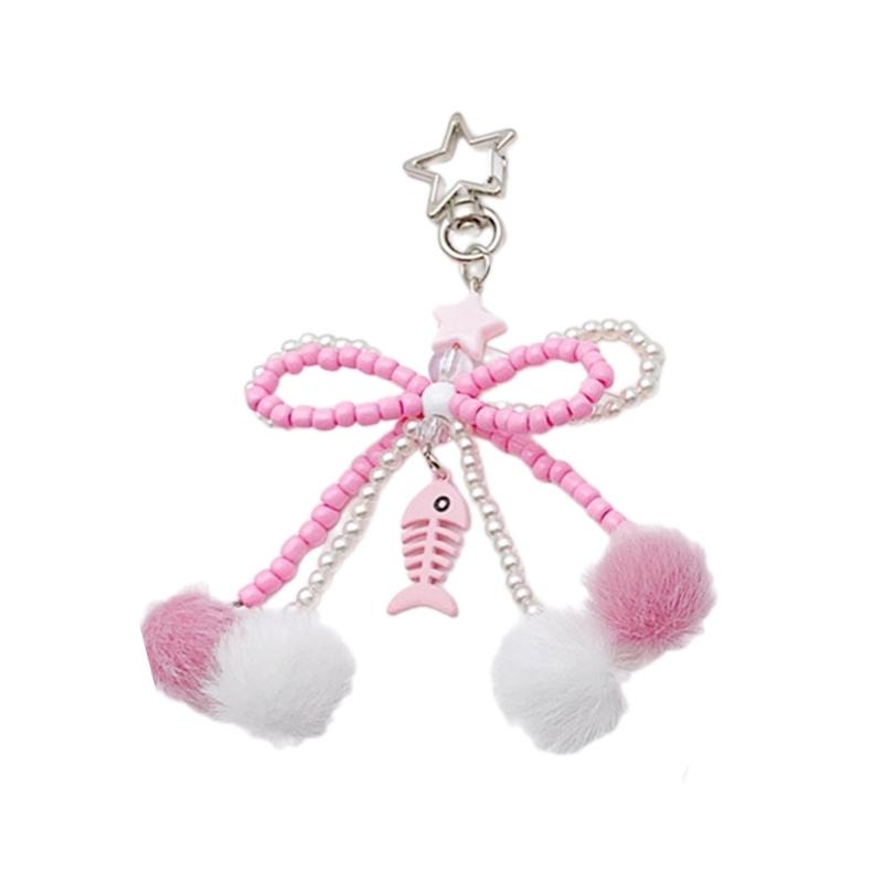 Bowknot Plush Ball Hanging Pendant Portable Y2K Hanging Lanyard Sweet Cool Phone Strap Bag Decoration for Girls Women