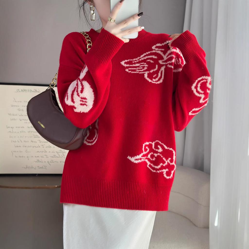 Autumn And Winter New Wool Crew Neck Knitted Sweater New Year'S Good Luck Jacquard Red Bottoming Shirt Women