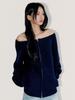 OAFISH Off Shoulder Knit Zip-Up, Navy