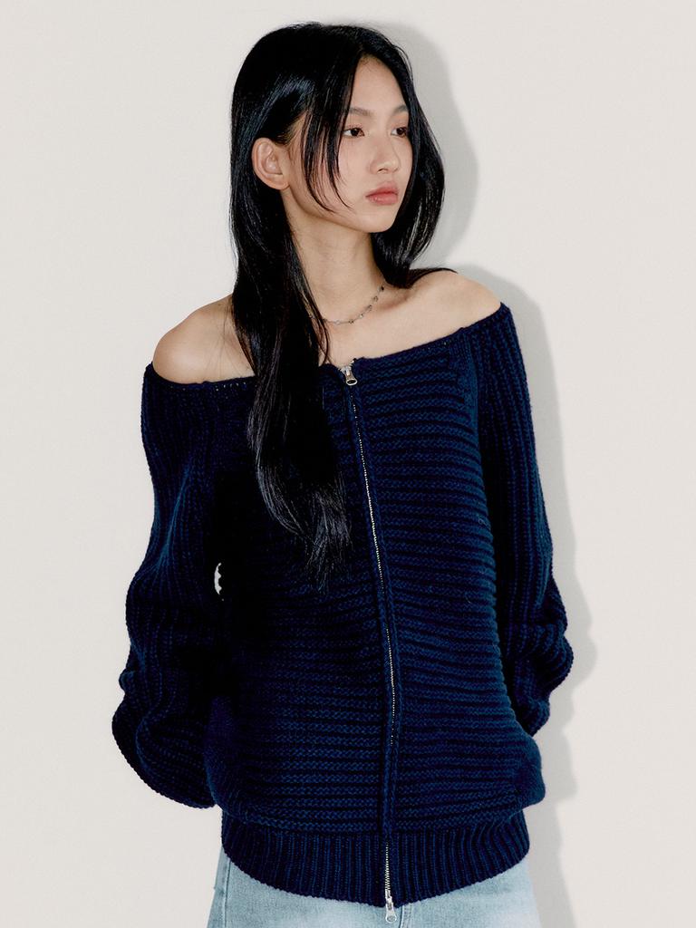 OAFISH Off Shoulder Knit Zip-Up, Navy