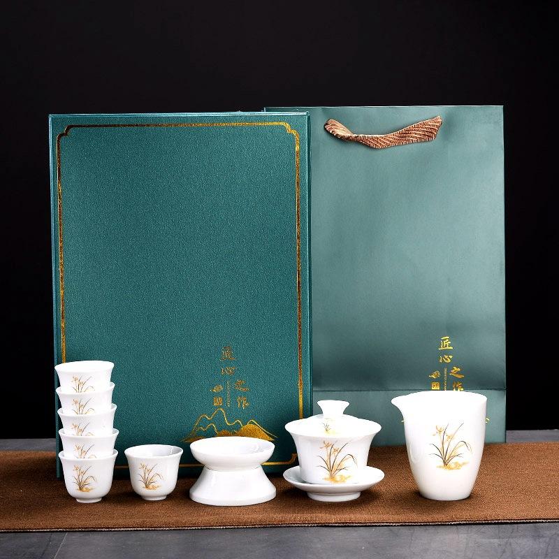 Household Kung Fu Tea Set High White Porcelain Blue and White Tea Set Business Gifts