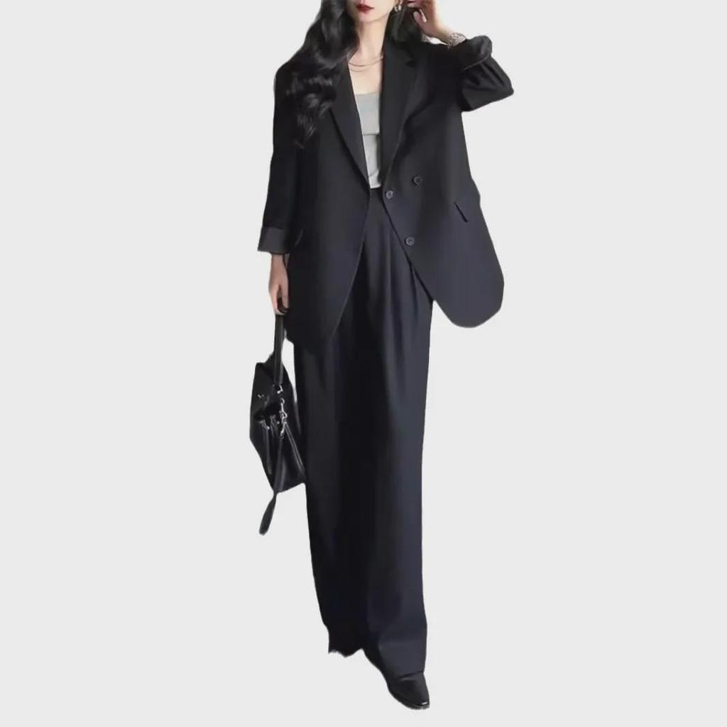 Plus Size Women's Casual & Professional Two-Piece Suit with Wide-Leg Pants