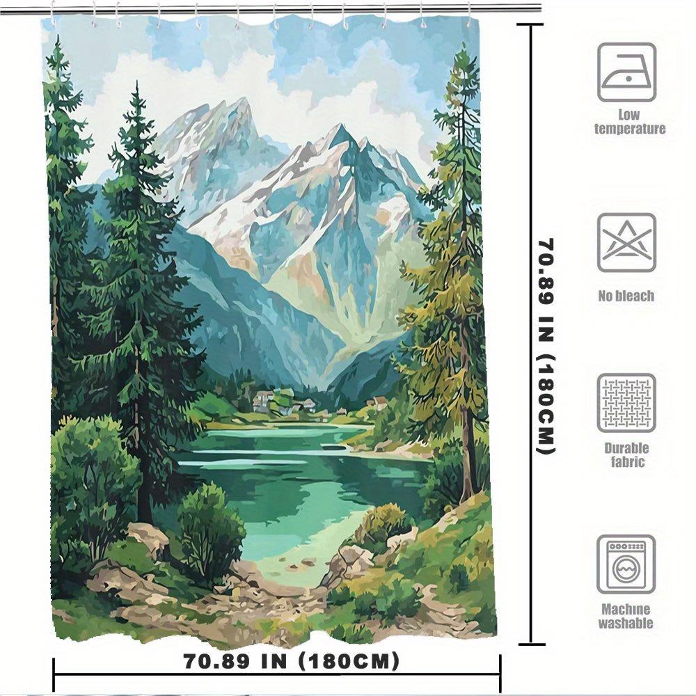 Watercolor Mountain Lake Illustration Shower Curtain 1Pc With 12 Hooks For Bathroom Home Decor Polyester 70.8X70.8 Inch