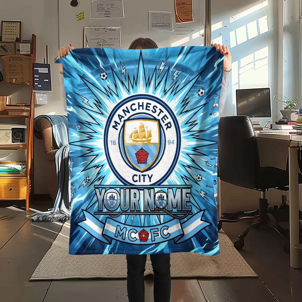 Custom Name Manchester City2 Flannel Blanket, High Quality Comfortable for All Seasons, Home Decor, Warmth and Comfort