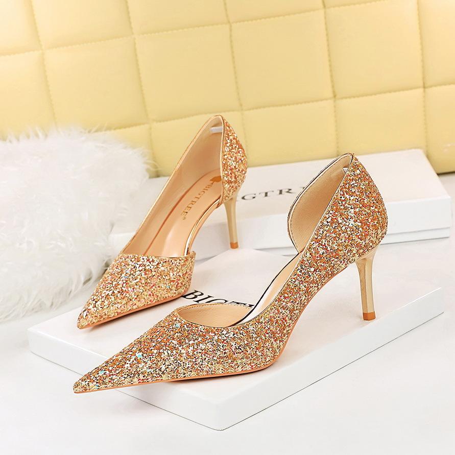 Fashion Women Super High Heels Gold Pumps Sequins Bling Luxury Stiletto Sparkly Party Singles Shoes Cutout Pointed Simplicity 8829-3