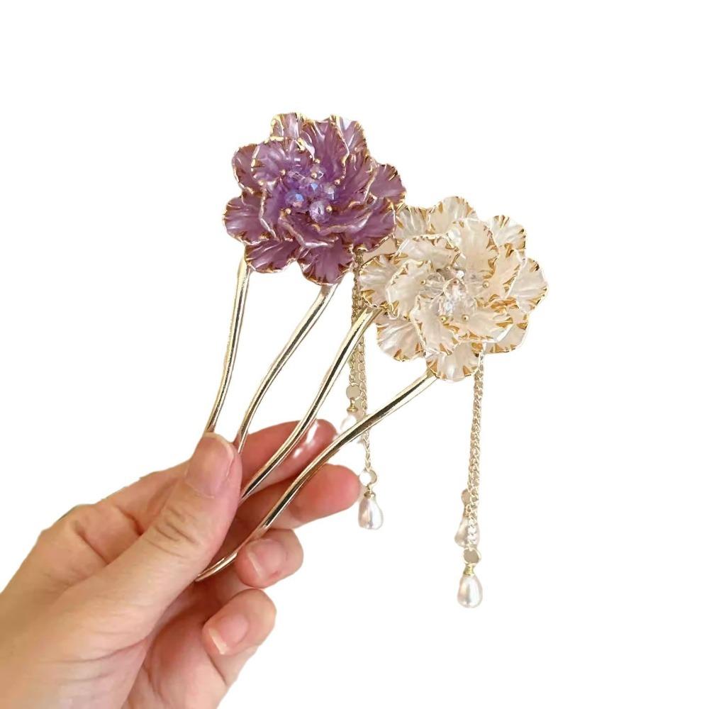 1pc Retro Chinese Style U Shaped Hair Sticks Forks Purple White Flower Designs Pearls Pendant Decor Women Hair Bun Maker Jewelry