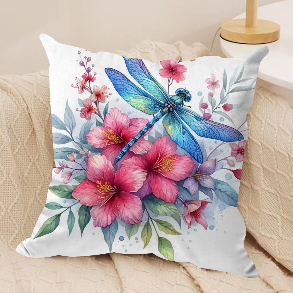 Watercolor Dragonfly and flower Cushion Cover Short plush Doublesided Print Square Throw Pillow Covers Sofa Home Cushion Decor