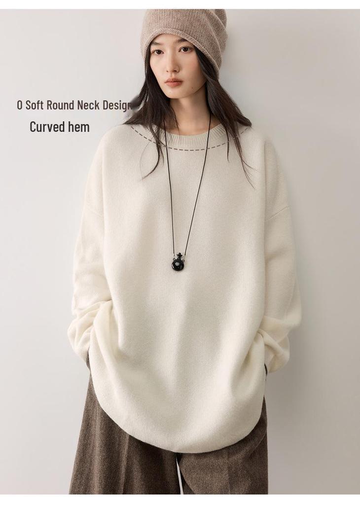 Cashmere Seven-Stitch Round Neck Loose Mid-Length Split Hem Knitted Sweater