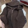 Stylish Retro Melard Women's Winter Outfit: Thick Plush Zip-Up Hooded Sweater Cardigan