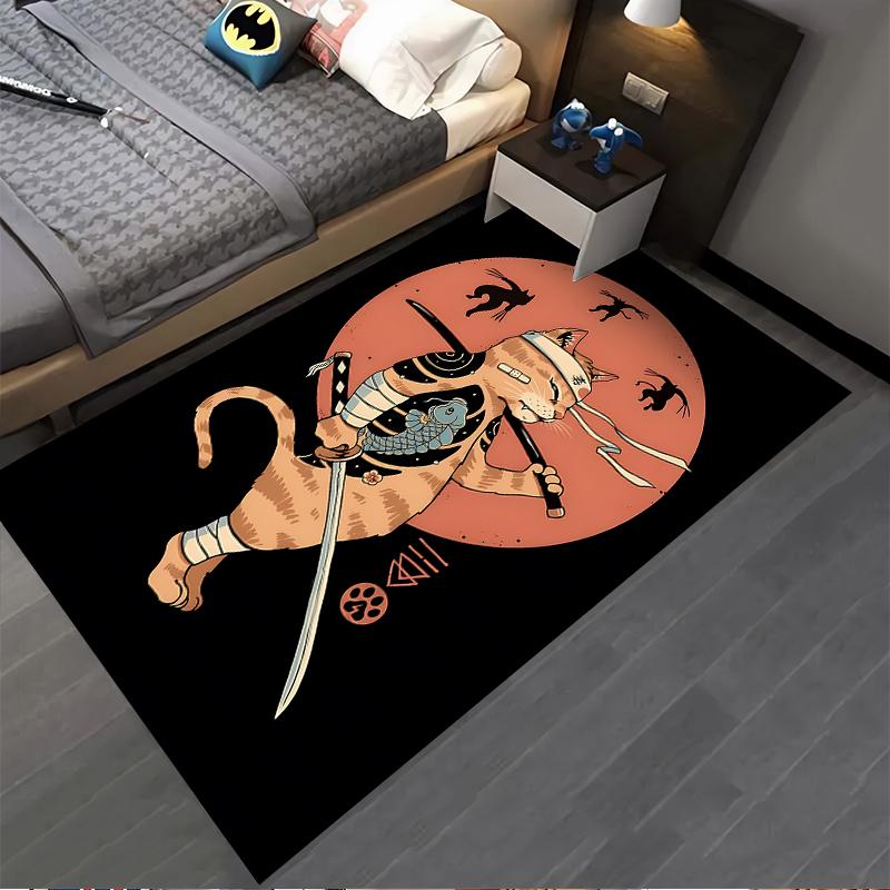 Cartoon Cat Ninja Samurai Carpet with Sword and Orange Moon Scene Suitable for use as an anti-slip for living room bedroom sofas
