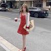 French retro red floral small flying sleeve dress for women's summer slim and thin seaside vacation style sexy short dress