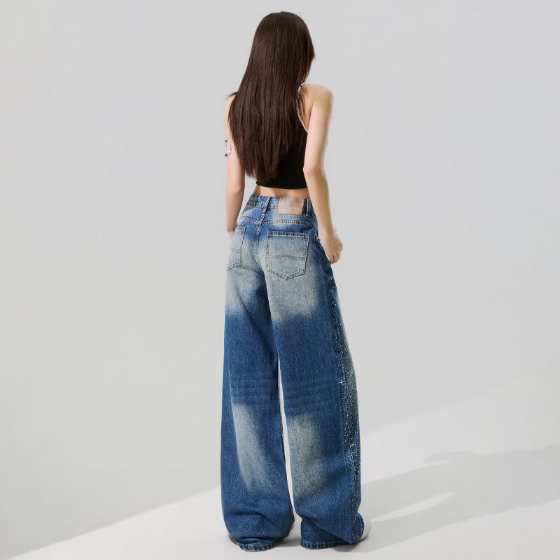 Spring Summer Shiny Rhinestone Low Waist Cat Whisker Detail Relaxed Wide Leg Slim Trendy Denim Pants Ladies Casual Pants Oversize Denim Trousers