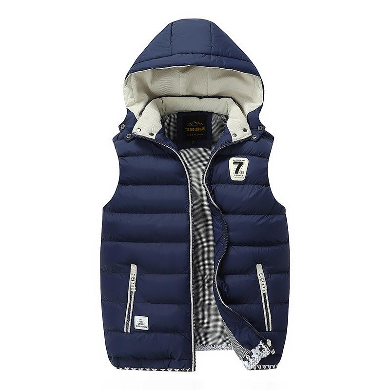 

Осенне-зимний мужской однотонный простой хлопковый жилет со съемной шляпой, простой модный мужской теплый жилет с воротником-стойкой XXXXL темно-синий
