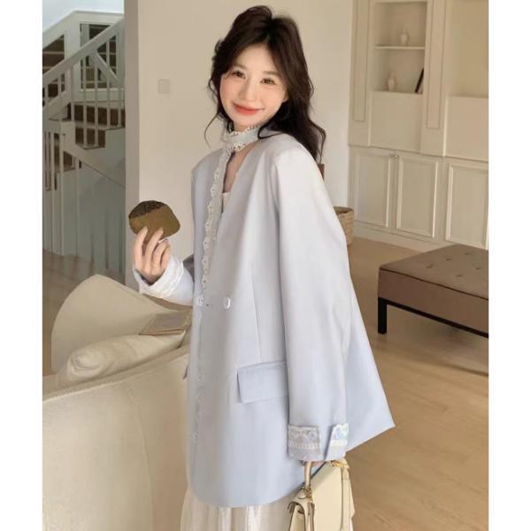 Beautiful and Elegant Lace Splice Suit Jacket for Women, Loose Fit Spring Casual Blazer