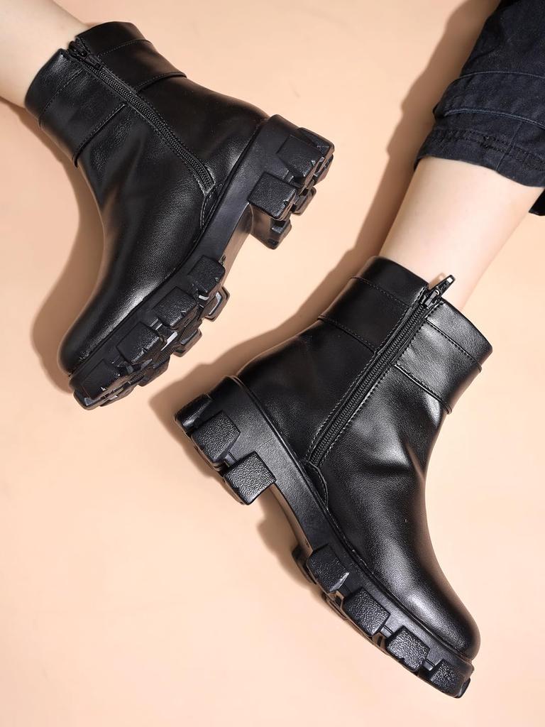 Shoetopia Womens  Chunky Heel Short Booties with Non-Slip Sole, Comfortable Trendy Ankle Boots | Soft Cushioned Sole | Casual, Party & Winter Wear