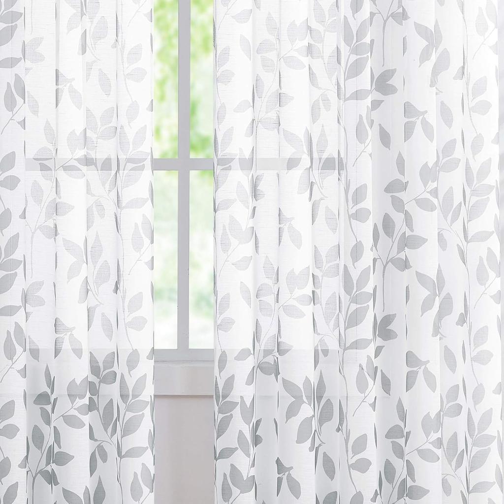 Elegant Grey Leaf Printed Curtains Suitable Living Room Daily Use Fresh Pole Type Translucent Gauze Set Of 2 Made Polyester Area Decor