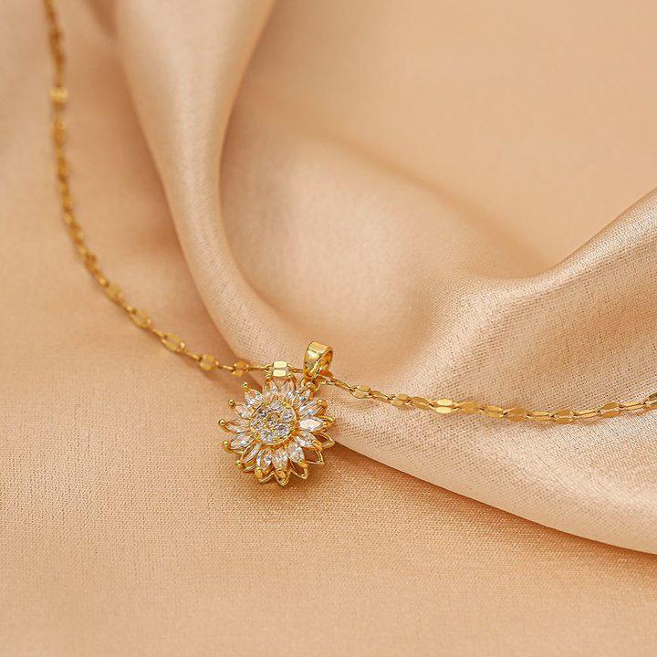Copper-Plated Gold Rotatable Sunflower Pendant with Zircon – Elegant Women's Luxury Necklace