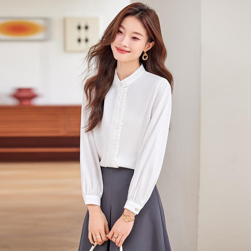 Women s Faux Acetate Satin Ruffle Stand-Collar Blouse L